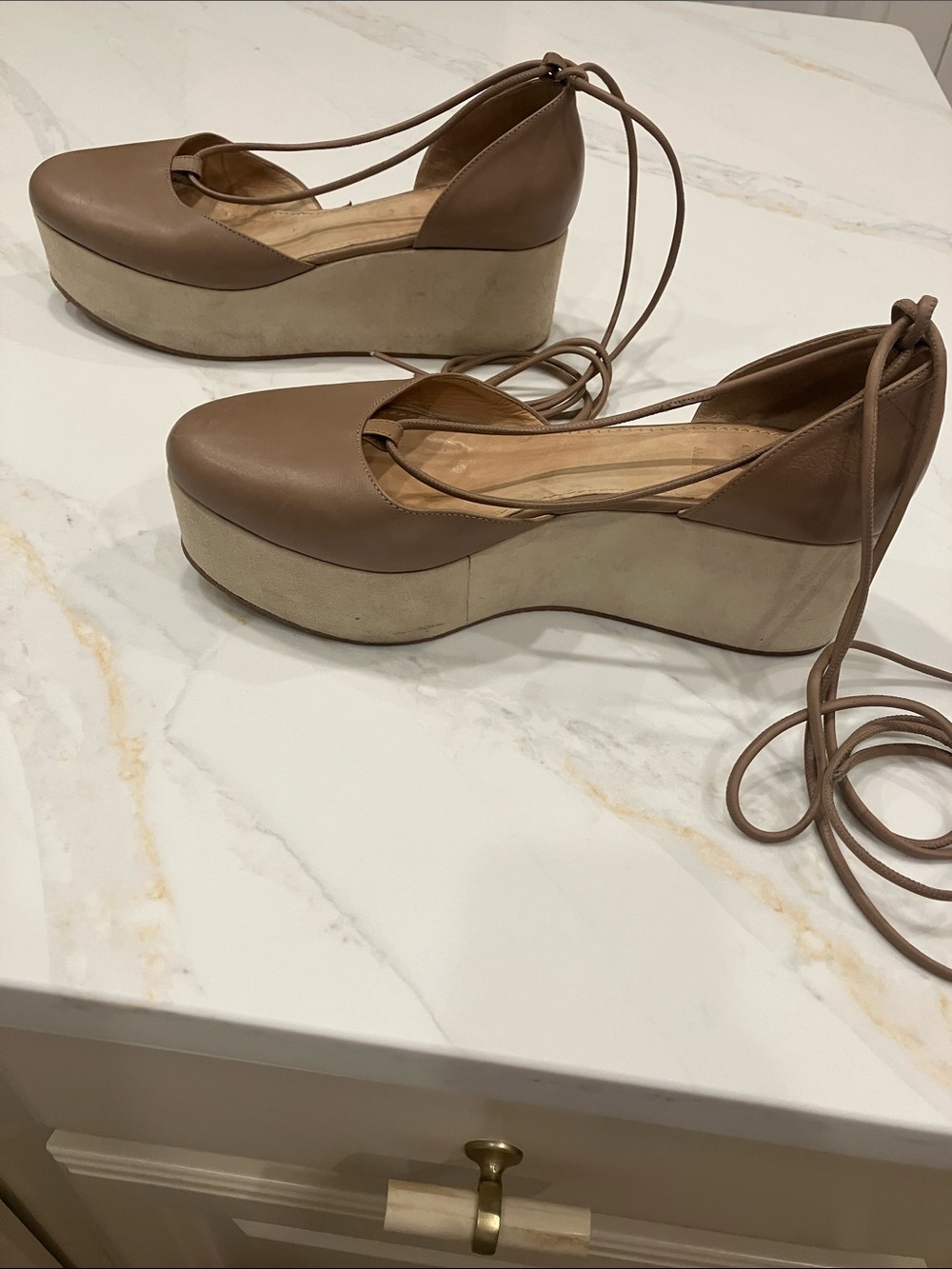 Rare Brunello Cucinelli Leather/Suede Ankle Lace Flatform Wedge Sz 40 Taupe- EUC - Picture 6 of 14